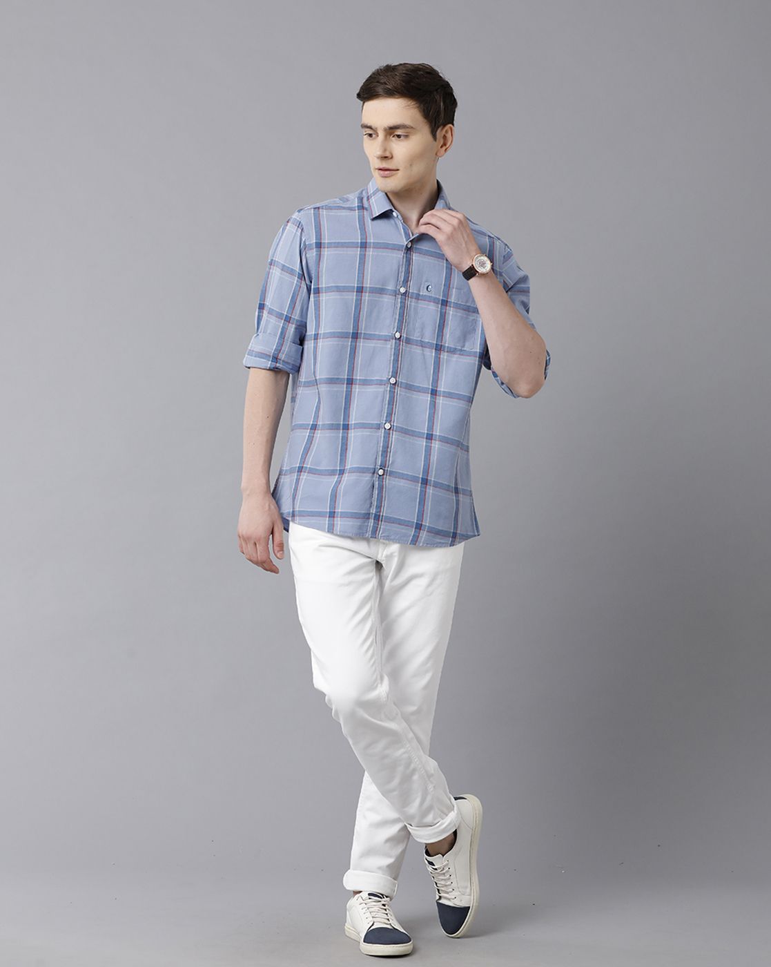 【COSYHARU】Farun check linen shirt Men's Blended Linen Blue Checked Contemporary Fit Full