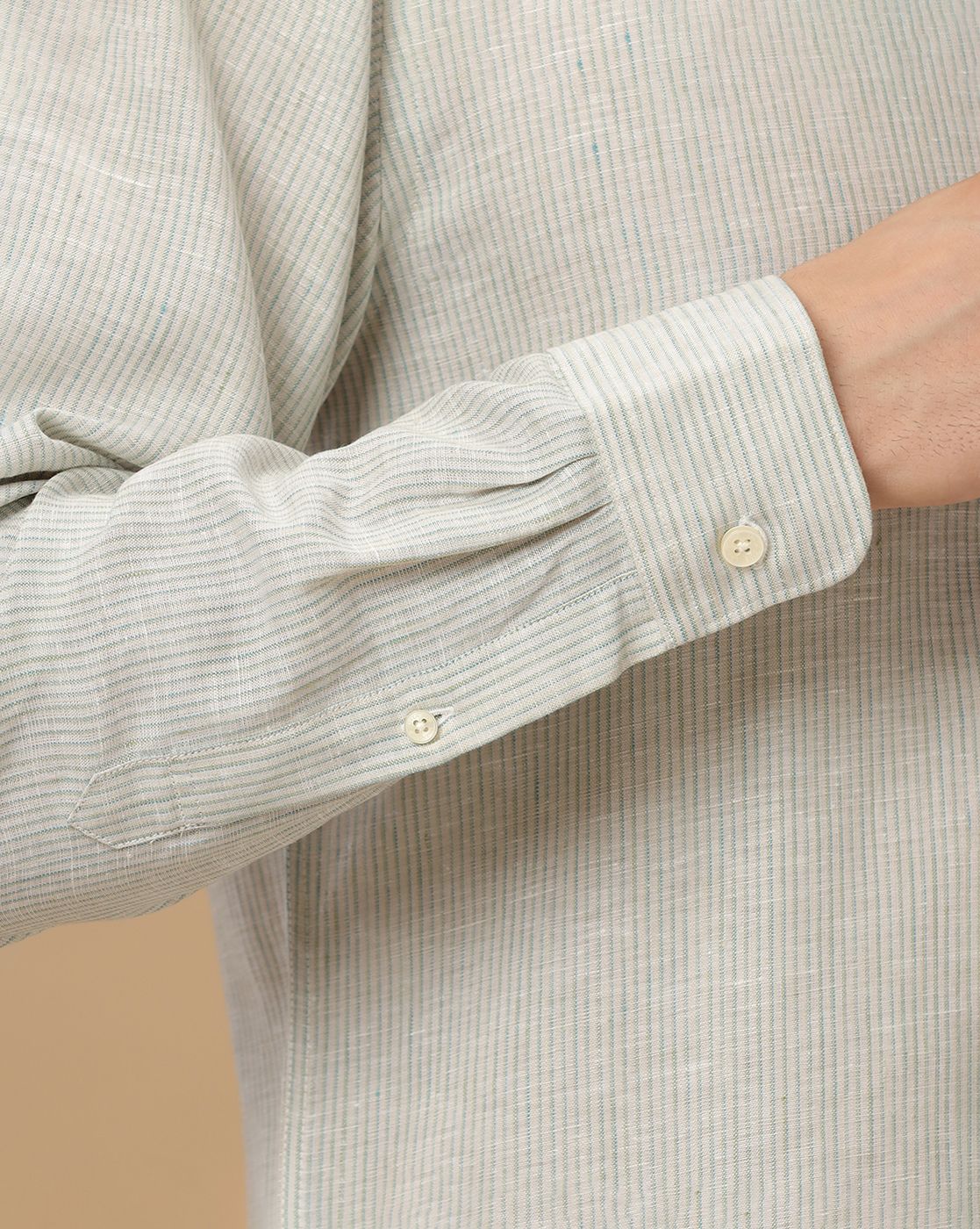 Men's Pure Linen Green Striped Contemporary Fit Full Sleeve