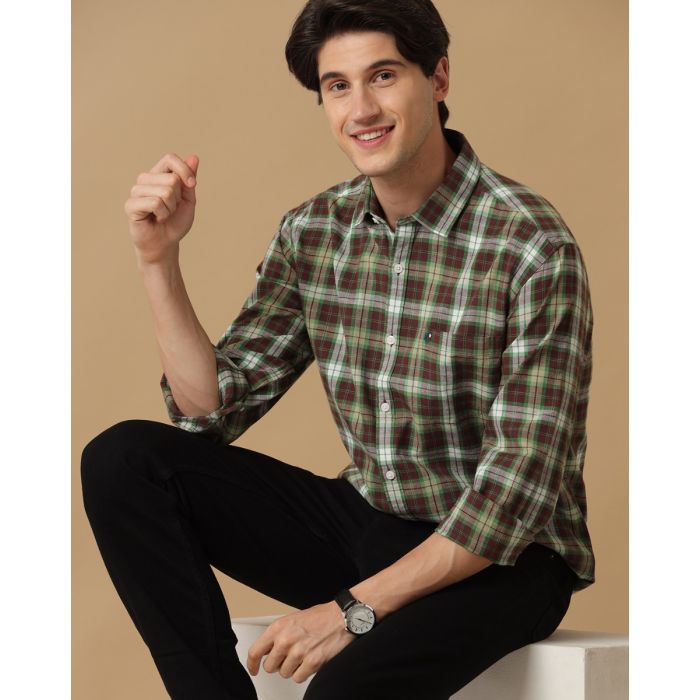 【COSYHARU】Farun check linen shirt Men's Blended Linen Green Checked Contemporary Fit Full
