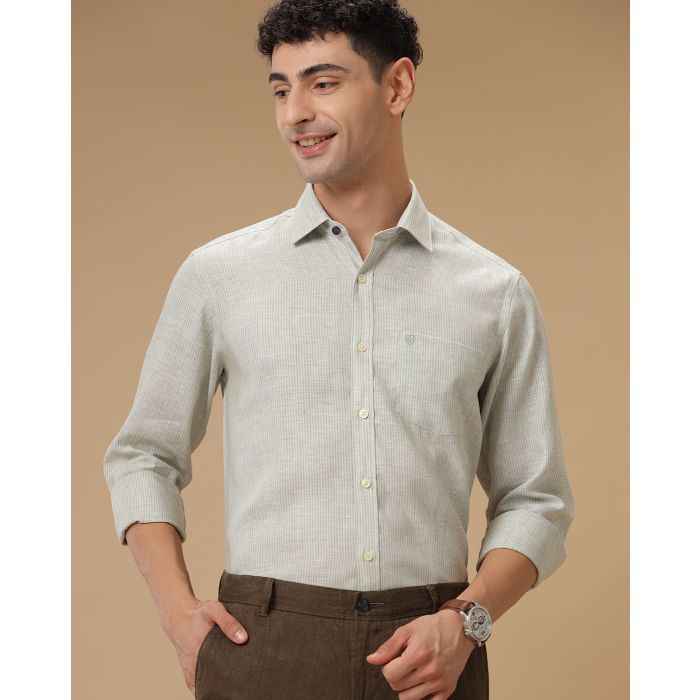 Men's Pure Linen Green Striped Contemporary Fit Full Sleeve