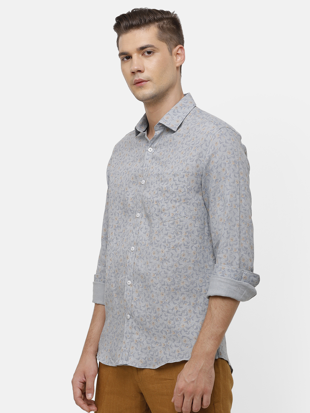 【MODERNIF】Pebble Linen Overfit Shirt Men's Pure Linen Grey Printed Contemporary Fit Full Sleeve